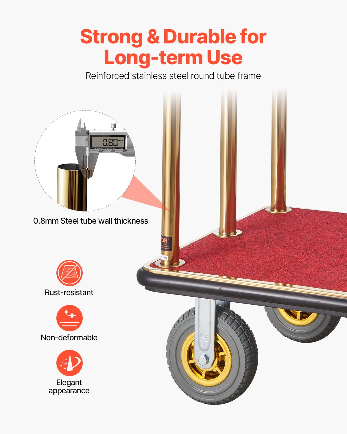 Hotel Luggage Cart, 1500 LBS Load Capacity, Brushed Stainless Steel Bellman's Cart Curved Uprights, Valet Cart with Red Carpeted Deck and 8-inch Rubber Wheels, Ideal for Hotels, Condos, Resorts