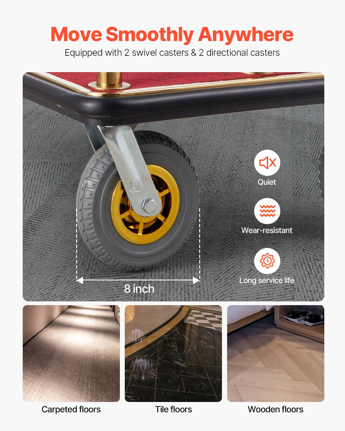 Hotel Luggage Cart, 1500 LBS Load Capacity, Brushed Stainless Steel Bellman's Cart Curved Uprights, Valet Cart with Red Carpeted Deck and 8-inch Rubber Wheels, Ideal for Hotels, Condos, Resorts