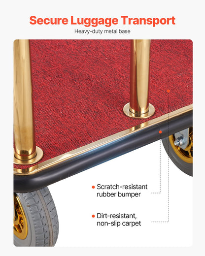 Hotel Luggage Cart, 1500 LBS Load Capacity, Brushed Stainless Steel Bellman's Cart Curved Uprights, Valet Cart with Red Carpeted Deck and 8-inch Rubber Wheels, Ideal for Hotels, Condos, Resorts