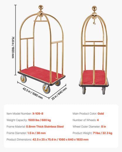 Hotel Luggage Cart, 1500 LBS Load Capacity, Brushed Stainless Steel Bellman's Cart Curved Uprights, Valet Cart with Red Carpeted Deck and 8-inch Rubber Wheels, Ideal for Hotels, Condos, Resorts