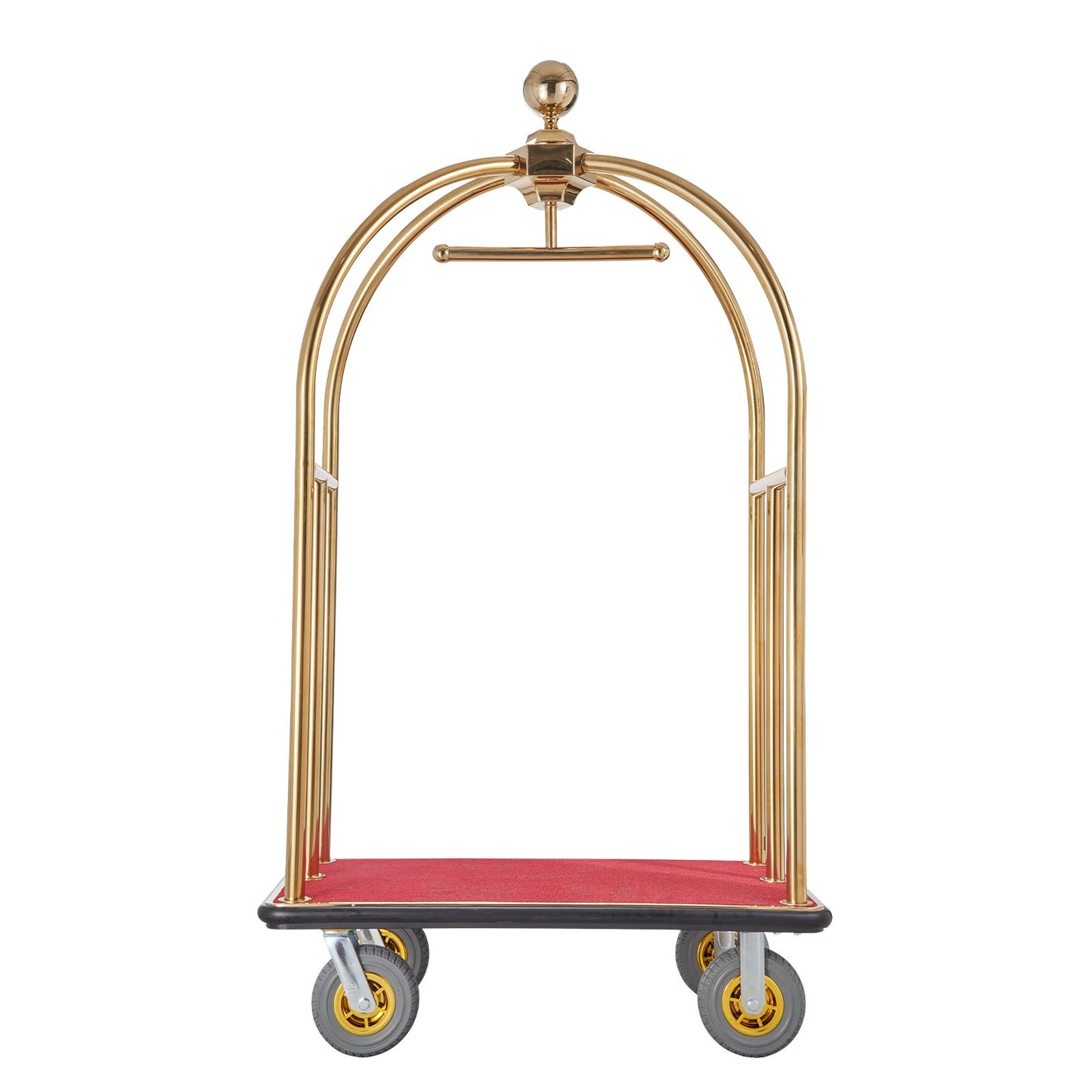 Hotel Luggage Cart, 1500 LBS Load Capacity, Brushed Stainless Steel Bellman's Cart Curved Uprights, Valet Cart with Red Carpeted Deck and 8-inch Rubber Wheels, Ideal for Hotels, Condos, Resorts