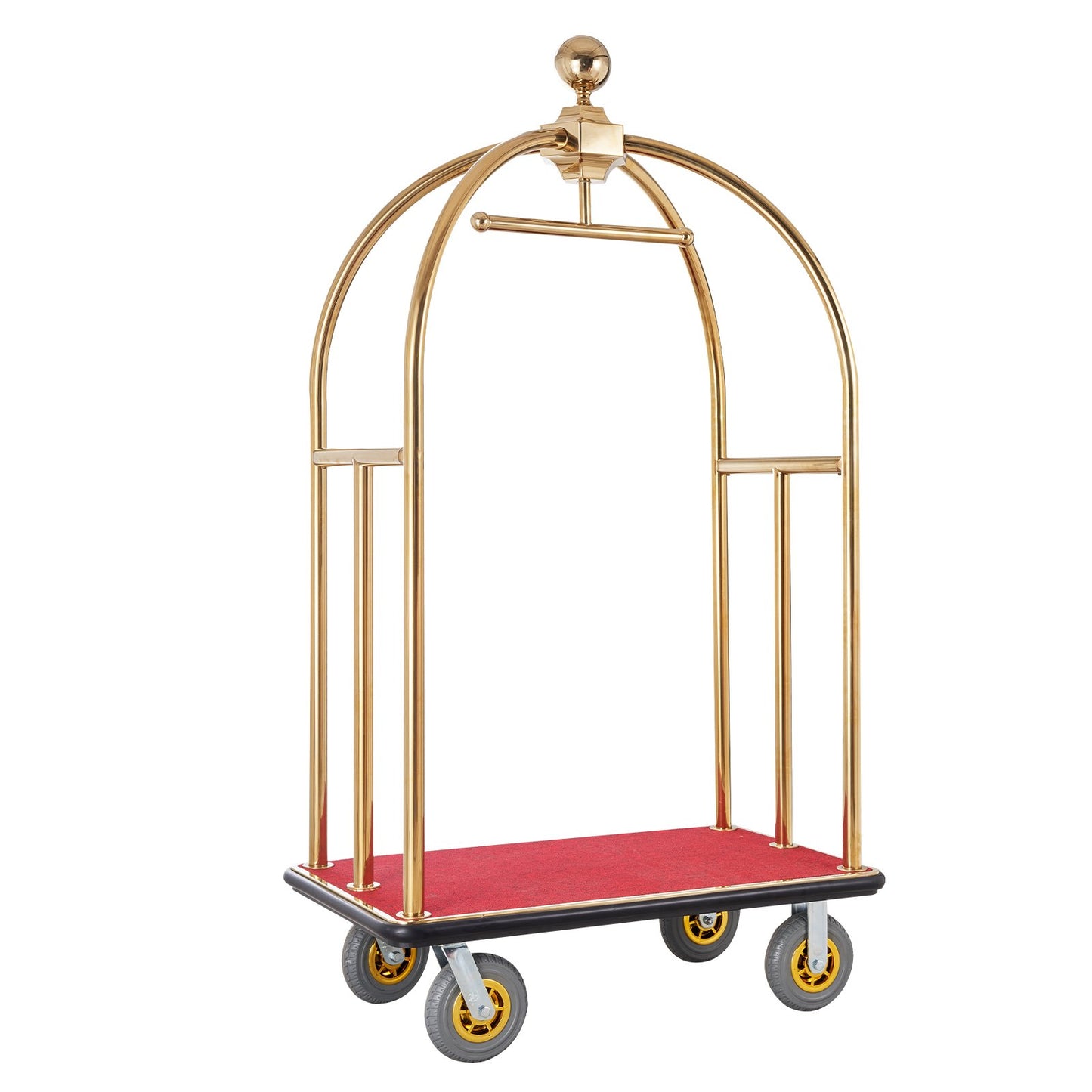 Hotel Luggage Cart, 1500 LBS Load Capacity, Brushed Stainless Steel Bellman's Cart Curved Uprights, Valet Cart with Red Carpeted Deck and 8-inch Rubber Wheels, Ideal for Hotels, Condos, Resorts