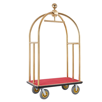Hotel Luggage Cart, 1500 LBS Load Capacity, Brushed Stainless Steel Bellman's Cart Curved Uprights, Valet Cart with Red Carpeted Deck and 8-inch Rubber Wheels, Ideal for Hotels, Condos, Resorts