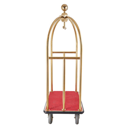Hotel Luggage Cart, 1500 LBS Load Capacity, Brushed Stainless Steel Bellman's Cart Curved Uprights, Valet Cart with Red Carpeted Deck and 8-inch Rubber Wheels, Ideal for Hotels, Condos, Resorts