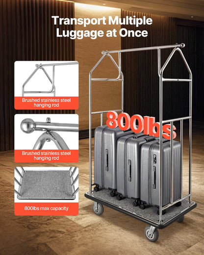 Hotel Luggage Cart, 800 LBS Load Capacity, Brushed Stainless Steel Finish Bellman's Cart, Valet Cart with Grey Carpeted Deck and 6-inch Rubber Wheels, Ideal for Hotels, Condos, Resorts, Silver