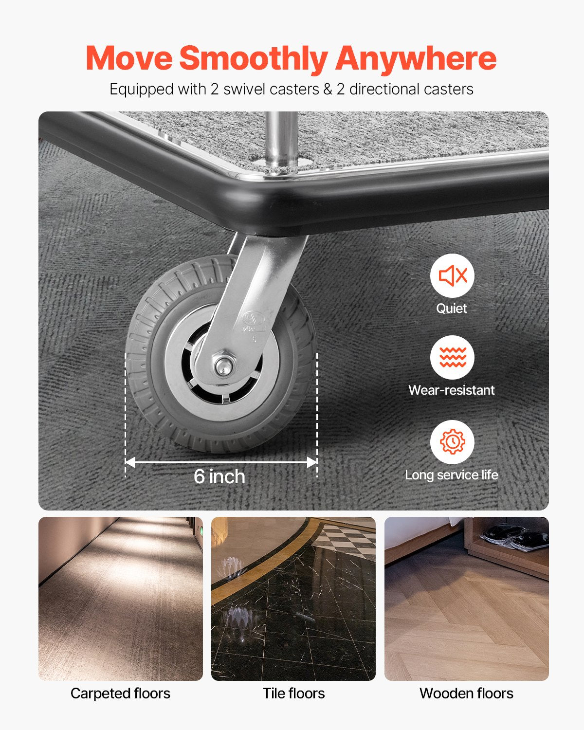 Hotel Luggage Cart, 800 LBS Load Capacity, Brushed Stainless Steel Finish Bellman's Cart, Valet Cart with Grey Carpeted Deck and 6-inch Rubber Wheels, Ideal for Hotels, Condos, Resorts, Silver