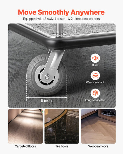 Hotel Luggage Cart, 800 LBS Load Capacity, Brushed Stainless Steel Finish Bellman's Cart, Valet Cart with Grey Carpeted Deck and 6-inch Rubber Wheels, Ideal for Hotels, Condos, Resorts, Silver