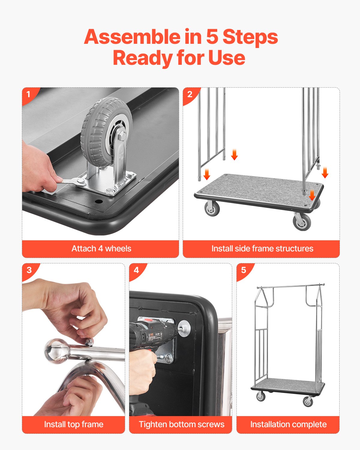 Hotel Luggage Cart, 800 LBS Load Capacity, Brushed Stainless Steel Finish Bellman's Cart, Valet Cart with Grey Carpeted Deck and 6-inch Rubber Wheels, Ideal for Hotels, Condos, Resorts, Silver