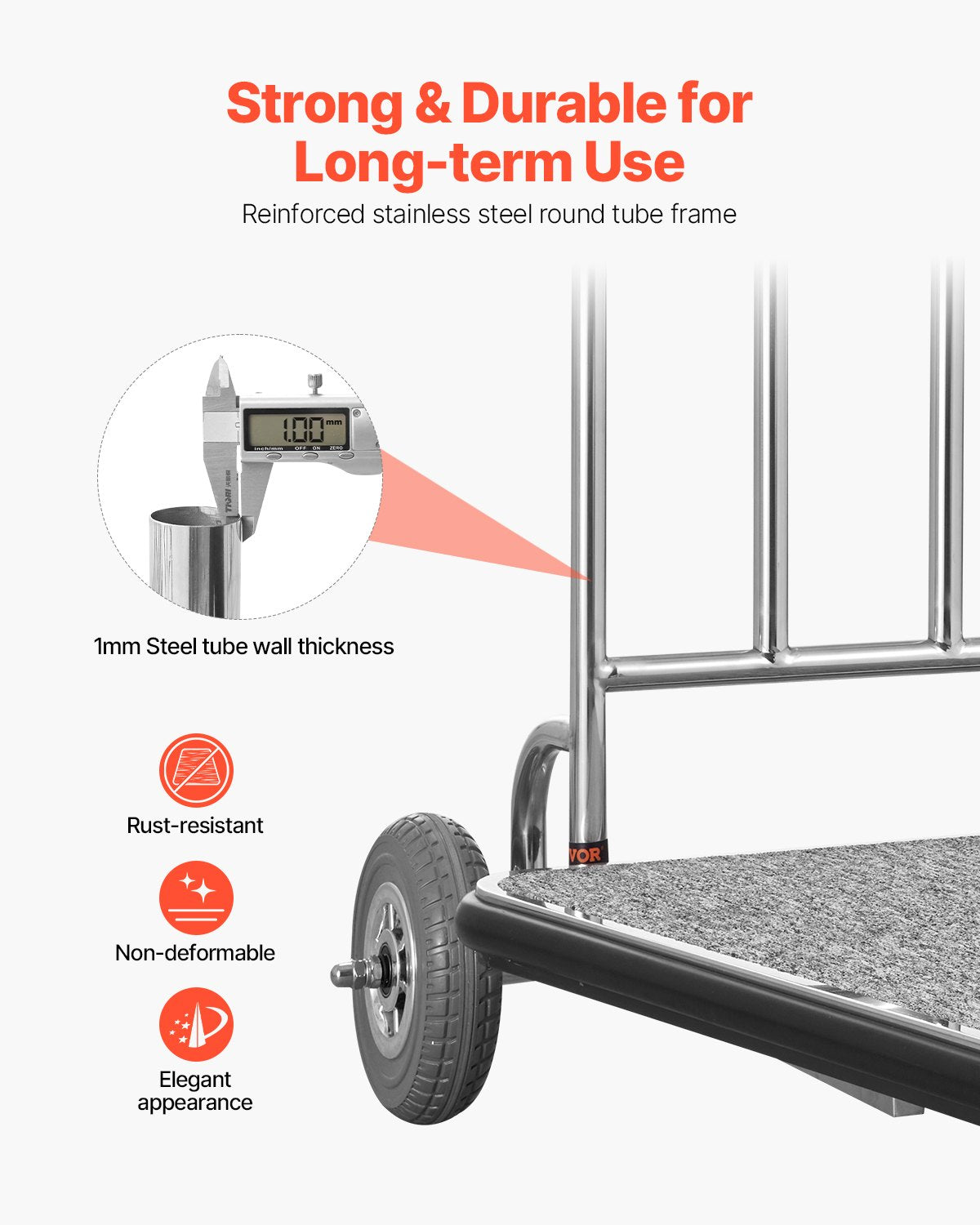 Luggage Cart, 600 LBS Load Capacity, 3 Wheel Stainless Steel Bellman Cart, Valet Cart with Grey Carpeted Deck and Rubber Wheels, Ideal for Convention Centers, Hotels, Rental Properties, Silver
