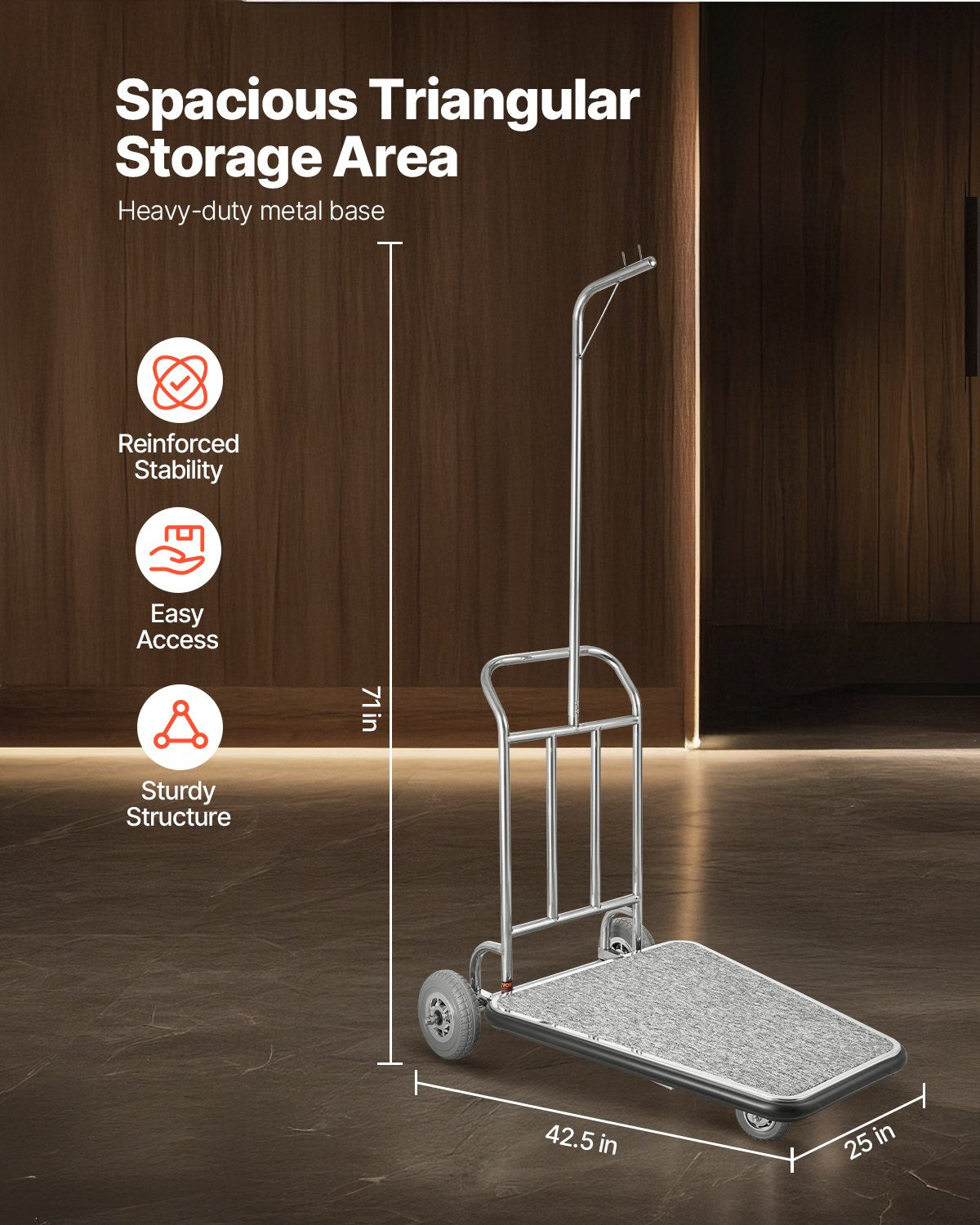 Luggage Cart, 600 LBS Load Capacity, 3 Wheel Stainless Steel Bellman Cart, Valet Cart with Grey Carpeted Deck and Rubber Wheels, Ideal for Convention Centers, Hotels, Rental Properties, Silver