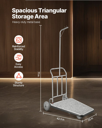 Luggage Cart, 600 LBS Load Capacity, 3 Wheel Stainless Steel Bellman Cart, Valet Cart with Grey Carpeted Deck and Rubber Wheels, Ideal for Convention Centers, Hotels, Rental Properties, Silver