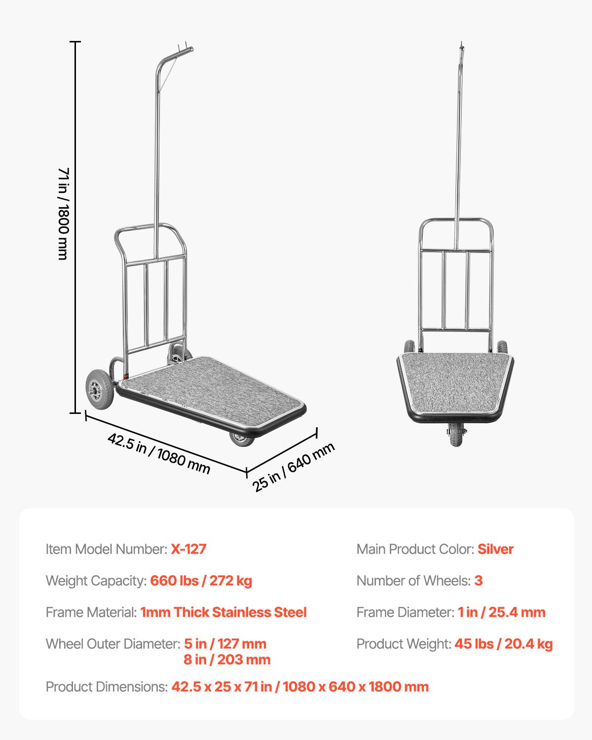 Luggage Cart, 600 LBS Load Capacity, 3 Wheel Stainless Steel Bellman Cart, Valet Cart with Grey Carpeted Deck and Rubber Wheels, Ideal for Convention Centers, Hotels, Rental Properties, Silver