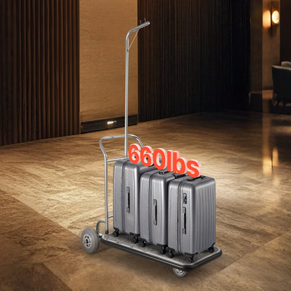 Luggage Cart, 600 LBS Load Capacity, 3 Wheel Stainless Steel Bellman Cart, Valet Cart with Grey Carpeted Deck and Rubber Wheels, Ideal for Convention Centers, Hotels, Rental Properties, Silver