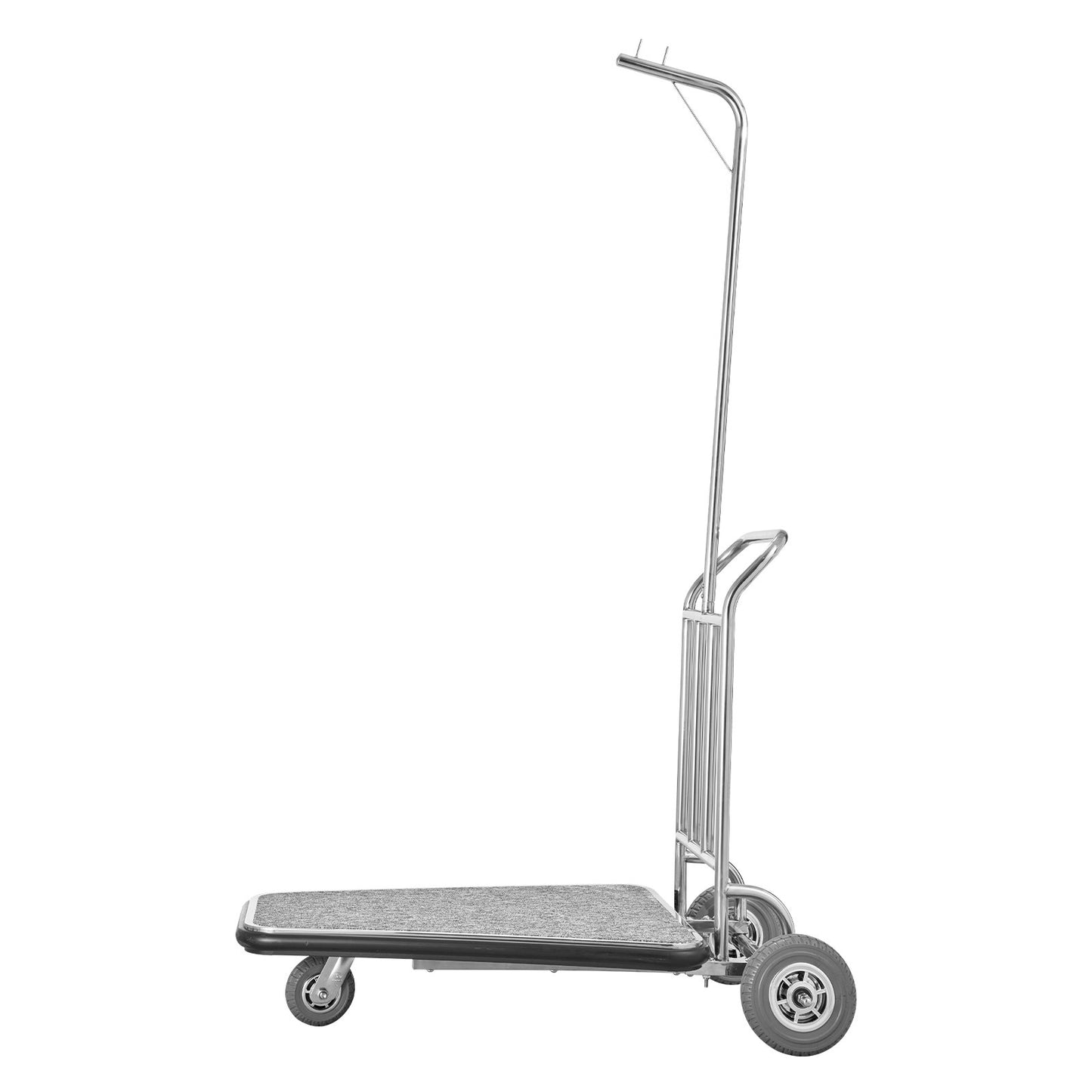 Luggage Cart, 600 LBS Load Capacity, 3 Wheel Stainless Steel Bellman Cart, Valet Cart with Grey Carpeted Deck and Rubber Wheels, Ideal for Convention Centers, Hotels, Rental Properties, Silver