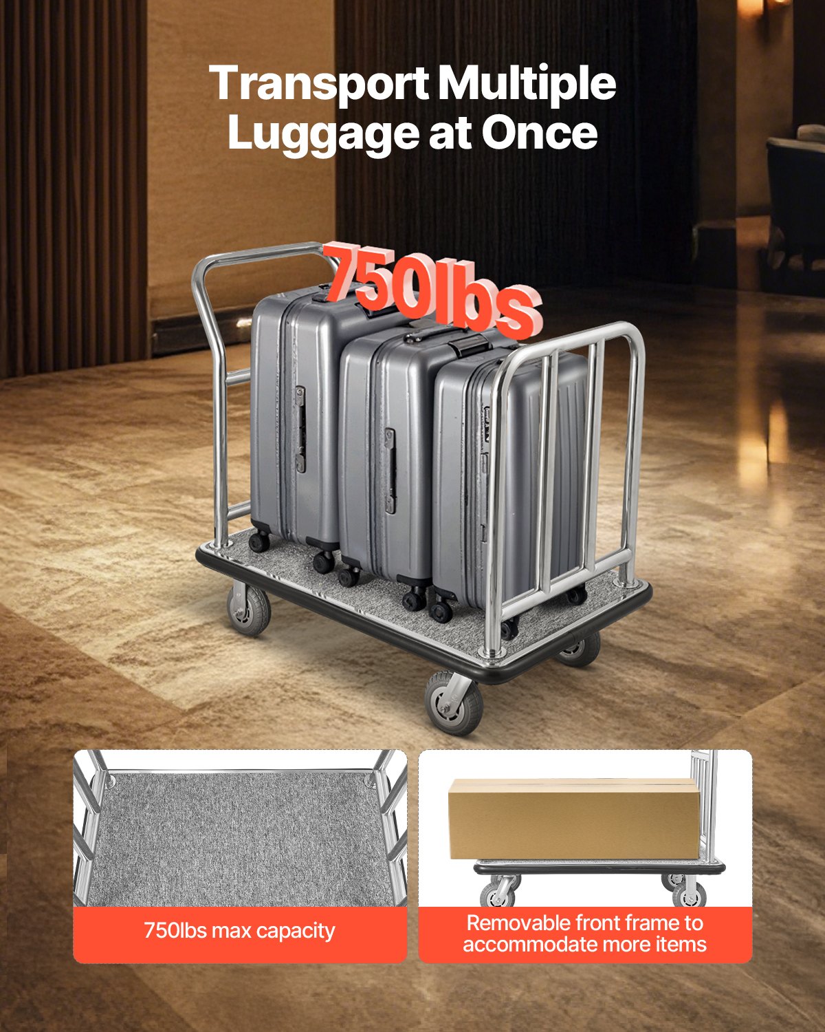 Hotel Luggage Cart, 750 LBS Load Capacity, Deluxe Platform Truck with Removable Front Frame, Valet Cart with Grey Carpeted Deck and 6-inch Rubber Wheels, Ideal for Hotels, Condos, Resorts