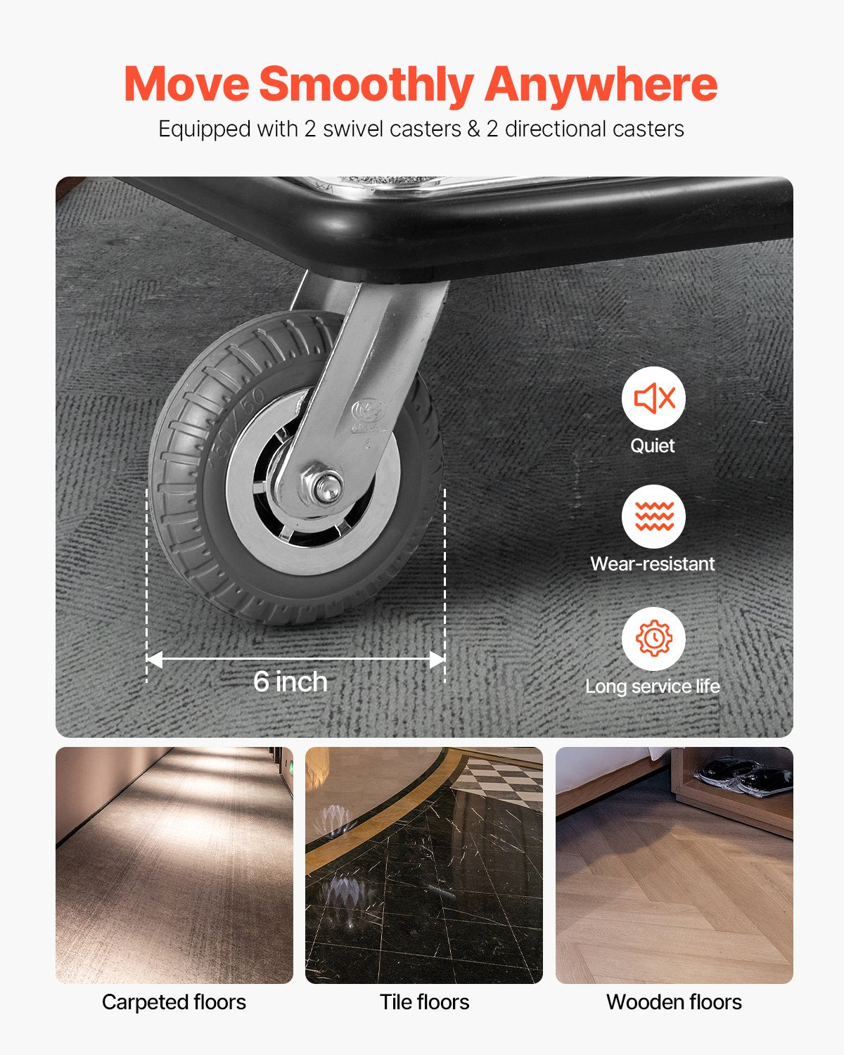 Hotel Luggage Cart, 750 LBS Load Capacity, Deluxe Platform Truck with Removable Front Frame, Valet Cart with Grey Carpeted Deck and 6-inch Rubber Wheels, Ideal for Hotels, Condos, Resorts