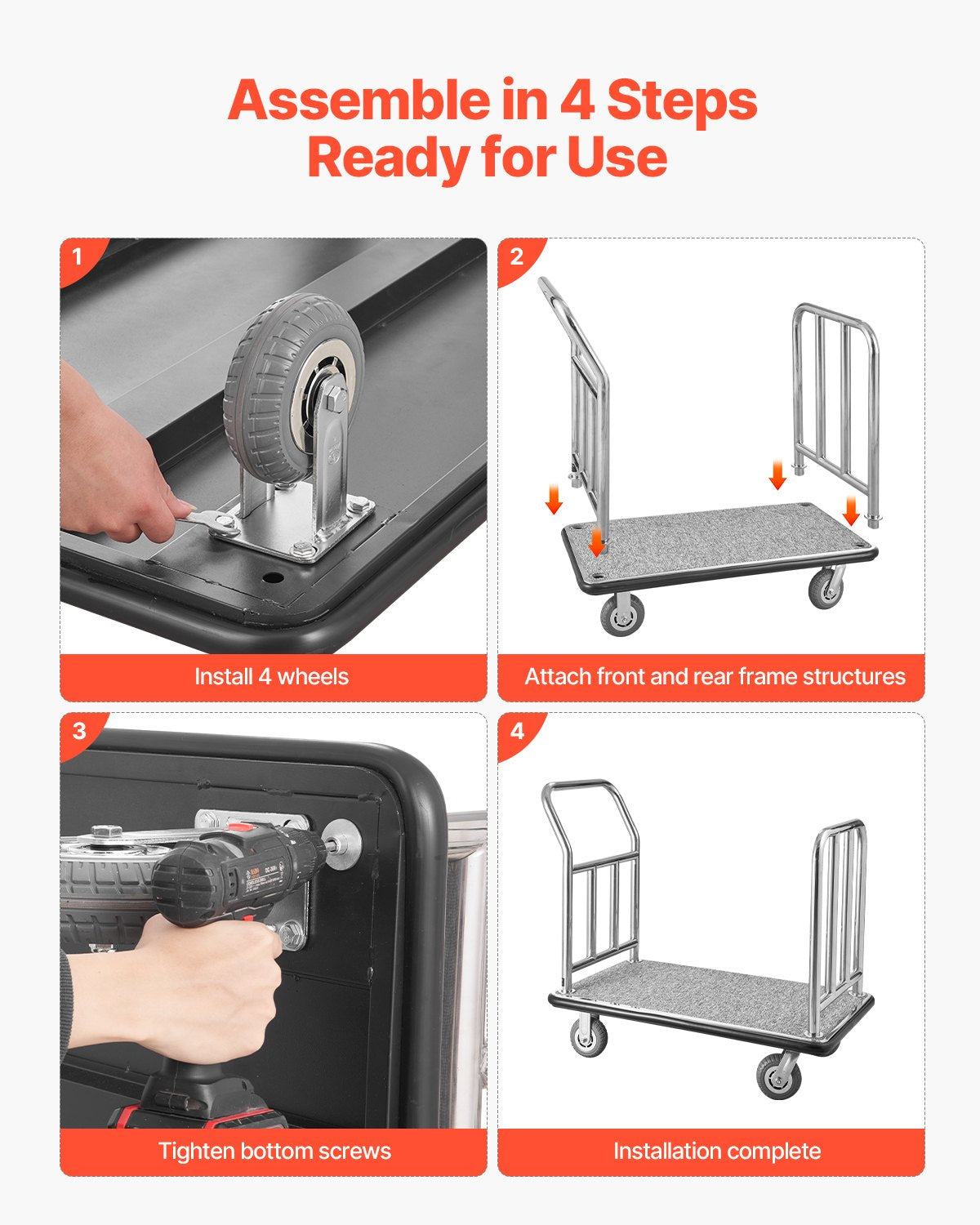 Hotel Luggage Cart, 750 LBS Load Capacity, Deluxe Platform Truck with Removable Front Frame, Valet Cart with Grey Carpeted Deck and 6-inch Rubber Wheels, Ideal for Hotels, Condos, Resorts