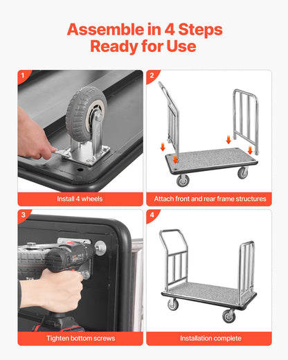 Hotel Luggage Cart, 750 LBS Load Capacity, Deluxe Platform Truck with Removable Front Frame, Valet Cart with Grey Carpeted Deck and 6-inch Rubber Wheels, Ideal for Hotels, Condos, Resorts
