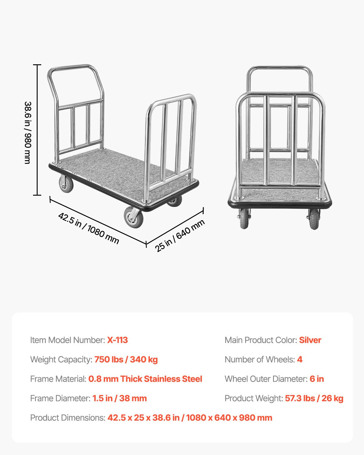 Hotel Luggage Cart, 750 LBS Load Capacity, Deluxe Platform Truck with Removable Front Frame, Valet Cart with Grey Carpeted Deck and 6-inch Rubber Wheels, Ideal for Hotels, Condos, Resorts