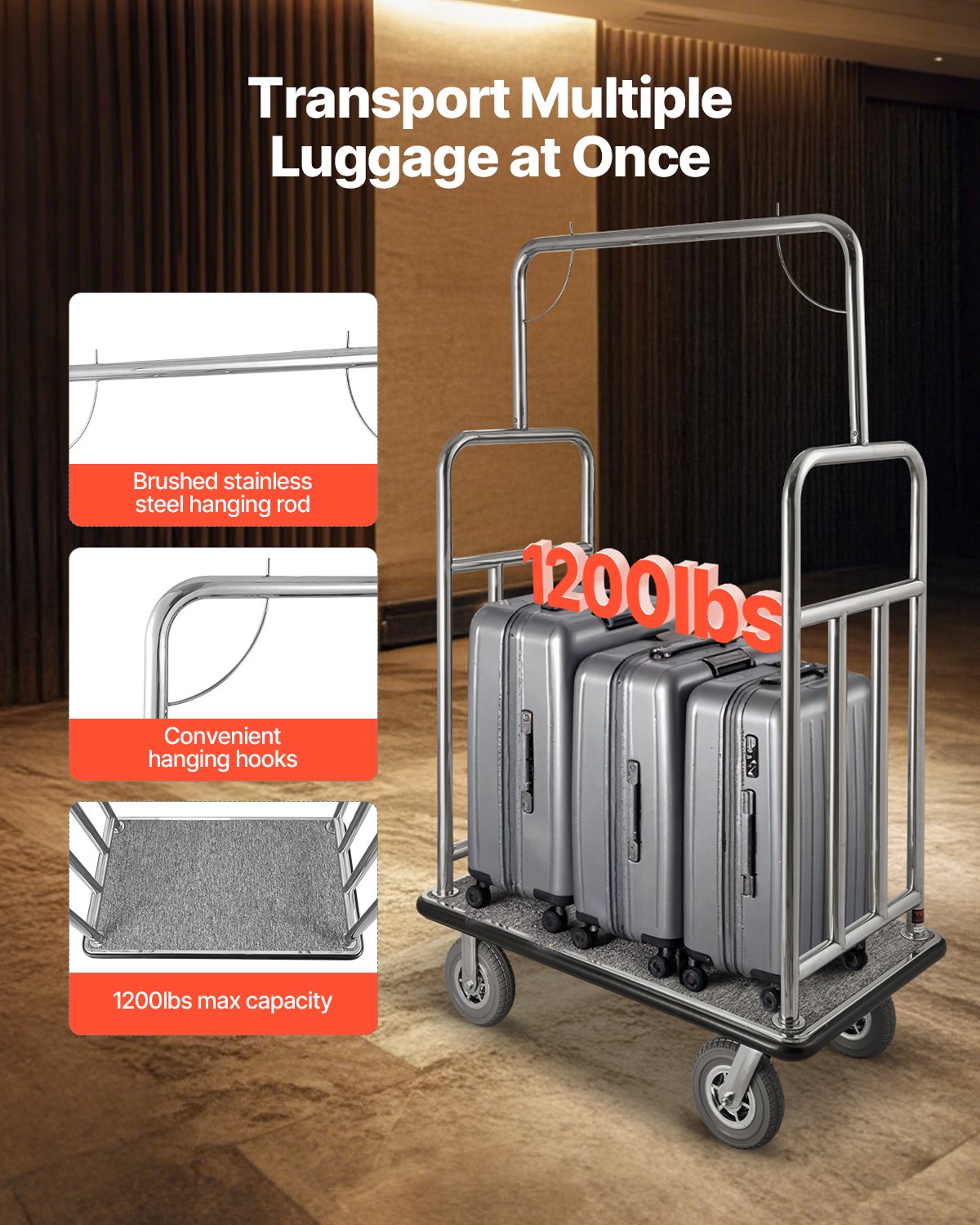 Hotel Luggage Cart, 1200 LBS Load Capacity, Brushed Stainless Steel Finish Bellman's Cart, Valet Cart with Grey Carpeted Deck and 8-inch Rubber Wheels, Ideal for Hotels, Condos, Resorts, Silver