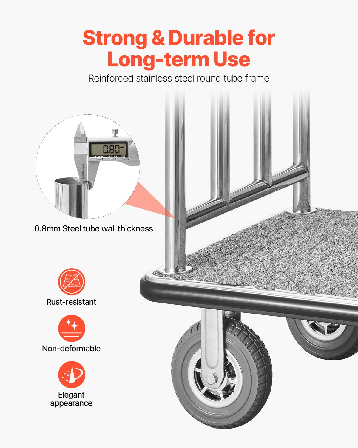 Hotel Luggage Cart, 1200 LBS Load Capacity, Brushed Stainless Steel Finish Bellman's Cart, Valet Cart with Grey Carpeted Deck and 8-inch Rubber Wheels, Ideal for Hotels, Condos, Resorts, Silver