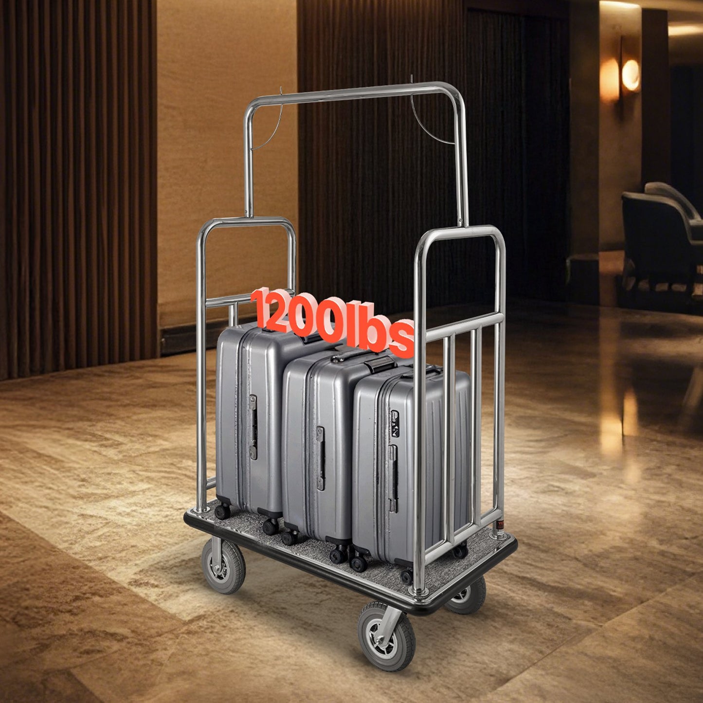 Hotel Luggage Cart, 1200 LBS Load Capacity, Brushed Stainless Steel Finish Bellman's Cart, Valet Cart with Grey Carpeted Deck and 8-inch Rubber Wheels, Ideal for Hotels, Condos, Resorts, Silver