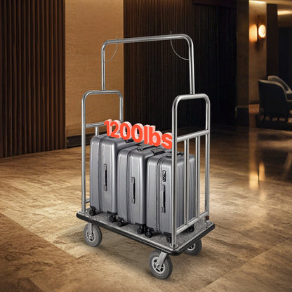 Hotel Luggage Cart, 1200 LBS Load Capacity, Brushed Stainless Steel Finish Bellman's Cart, Valet Cart with Grey Carpeted Deck and 8-inch Rubber Wheels, Ideal for Hotels, Condos, Resorts, Silver