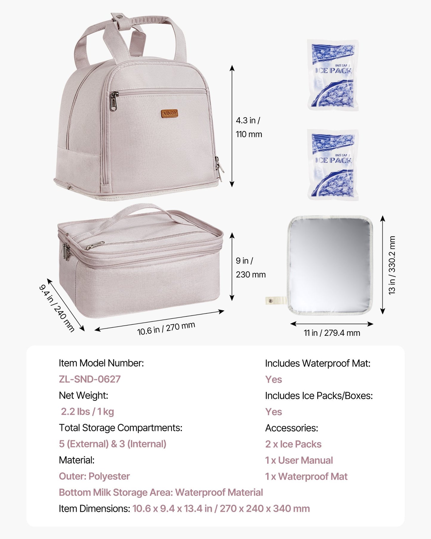 Breast Pump Backpack, Breast Feeding Bag with Ice Pack, Fits for S1/S2, Pumping Accessories & Breastmilk Storage, Portable Pump Carrying Case for Work, Travel and Family Use, Light Pink