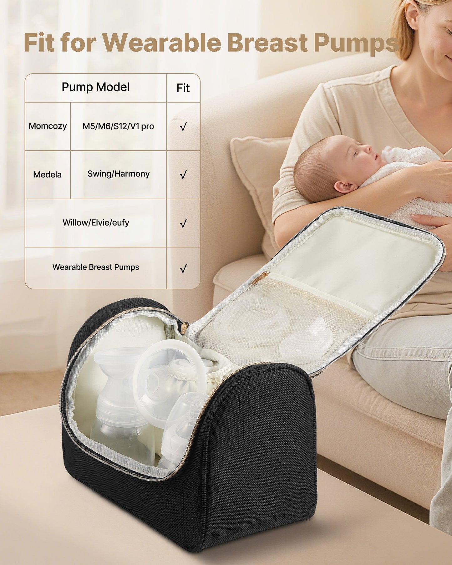 Tragbare Milchpumpentasche mit wasserdichter Matte, passend für M5/M6, inklusive Abpumpzubehör und Aufbewahrungsmöglichkeit für Muttermilch, ideal für Arbeit, Reisen und Familie, Schwarz