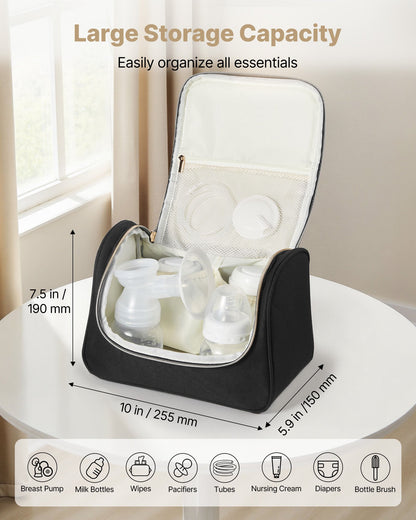 Tragbare Milchpumpentasche mit wasserdichter Matte, passend für M5/M6, inklusive Abpumpzubehör und Aufbewahrungsmöglichkeit für Muttermilch, ideal für Arbeit, Reisen und Familie, Schwarz