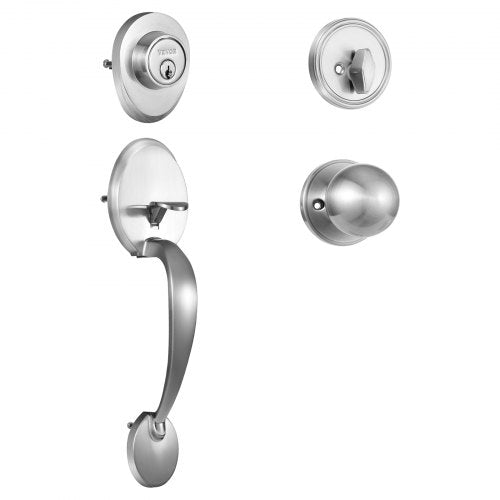 Front Door Handle and Deadbolt Set, Satin Nickel Front Door Lock Set with Interior Knob, Adjustable Hole Spacing Single Cylinder Handleset, for Right and Left Handed Entrance and Front Door