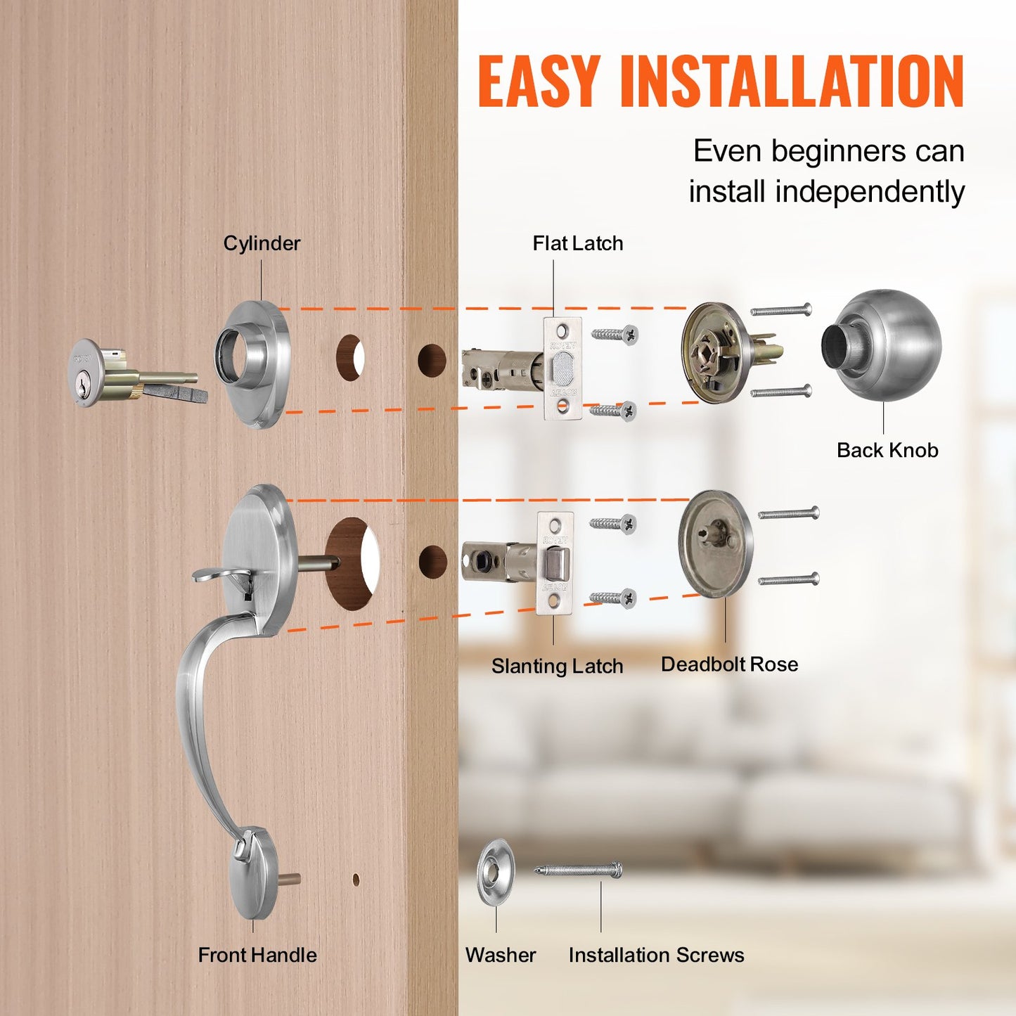 Front Door Handle and Deadbolt Set, Satin Nickel Front Door Lock Set with Interior Knob, Adjustable Hole Spacing Single Cylinder Handleset, for Right and Left Handed Entrance and Front Door