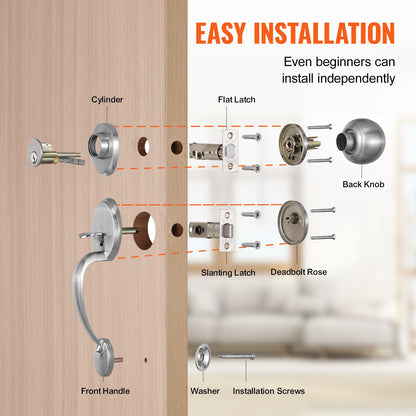 Front Door Handle and Deadbolt Set, Satin Nickel Front Door Lock Set with Interior Knob, Adjustable Hole Spacing Single Cylinder Handleset, for Right and Left Handed Entrance and Front Door