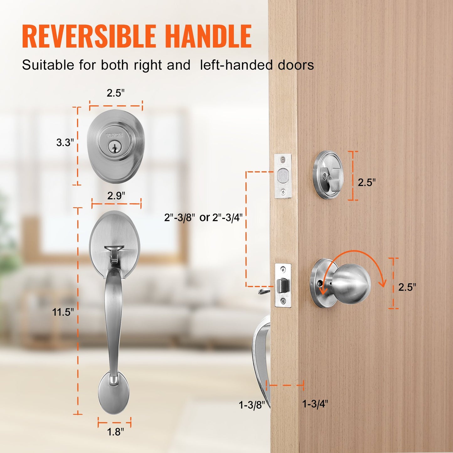 Front Door Handle and Deadbolt Set, Satin Nickel Front Door Lock Set with Interior Knob, Adjustable Hole Spacing Single Cylinder Handleset, for Right and Left Handed Entrance and Front Door