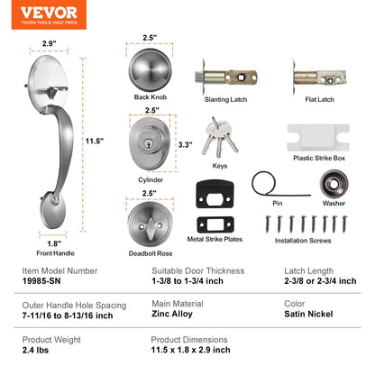 Front Door Handle and Deadbolt Set, Satin Nickel Front Door Lock Set with Interior Knob, Adjustable Hole Spacing Single Cylinder Handleset, for Right and Left Handed Entrance and Front Door