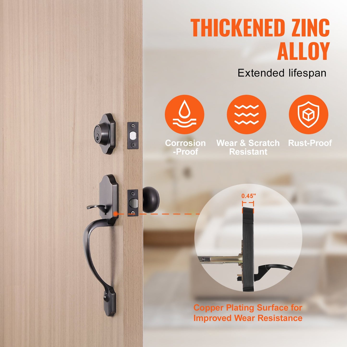 Front Door Handle and Deadbolt Set, Front Door Lock Set with Interior Knob, Adjustable Hole Spacing Single Cylinder Handleset, for Right and Left Handed Entrance, Brushed Oil Rubbed Bronze