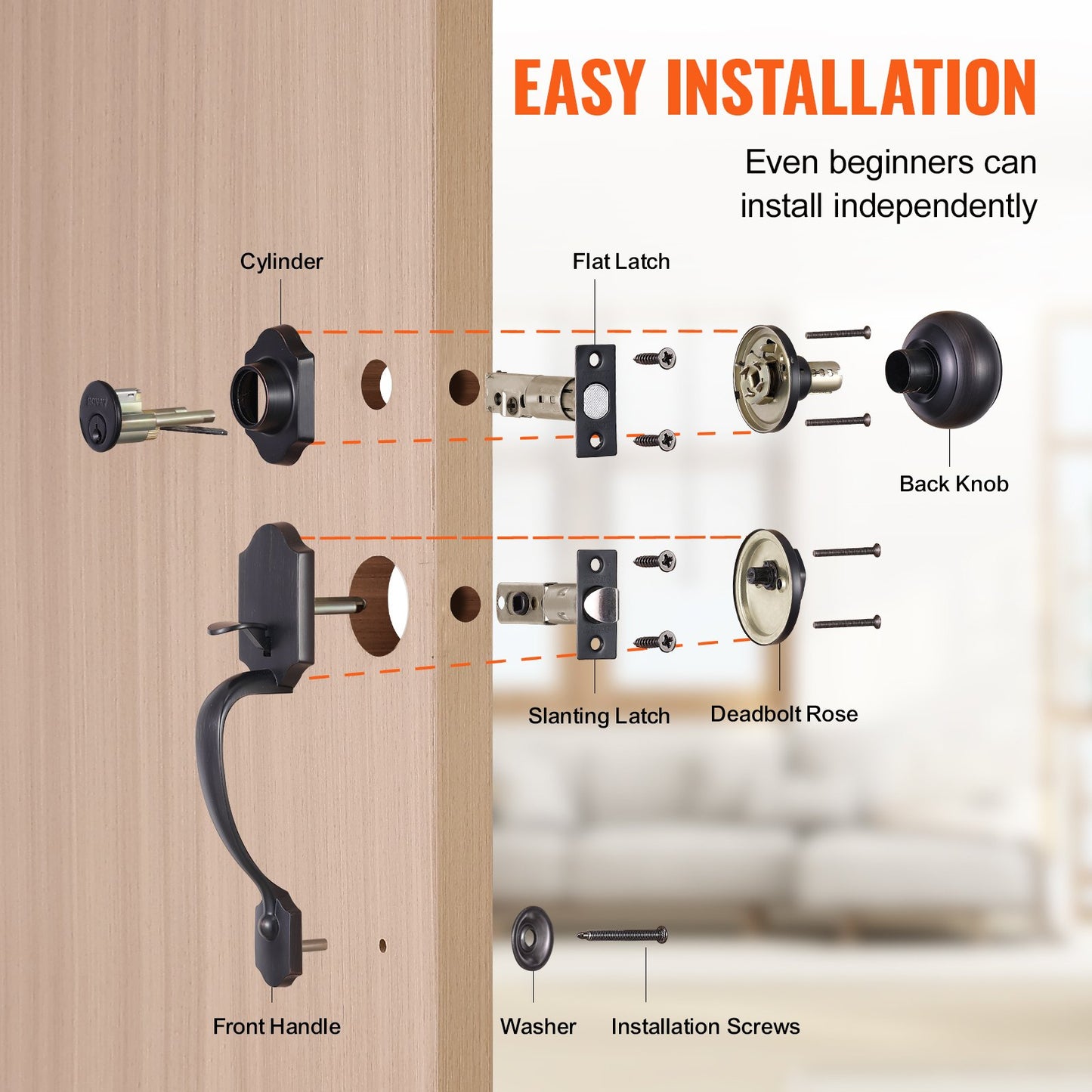 Front Door Handle and Deadbolt Set, Front Door Lock Set with Interior Knob, Adjustable Hole Spacing Single Cylinder Handleset, for Right and Left Handed Entrance, Brushed Oil Rubbed Bronze