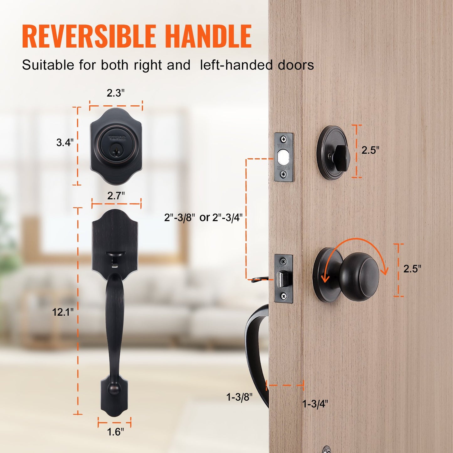 Front Door Handle and Deadbolt Set, Front Door Lock Set with Interior Knob, Adjustable Hole Spacing Single Cylinder Handleset, for Right and Left Handed Entrance, Brushed Oil Rubbed Bronze