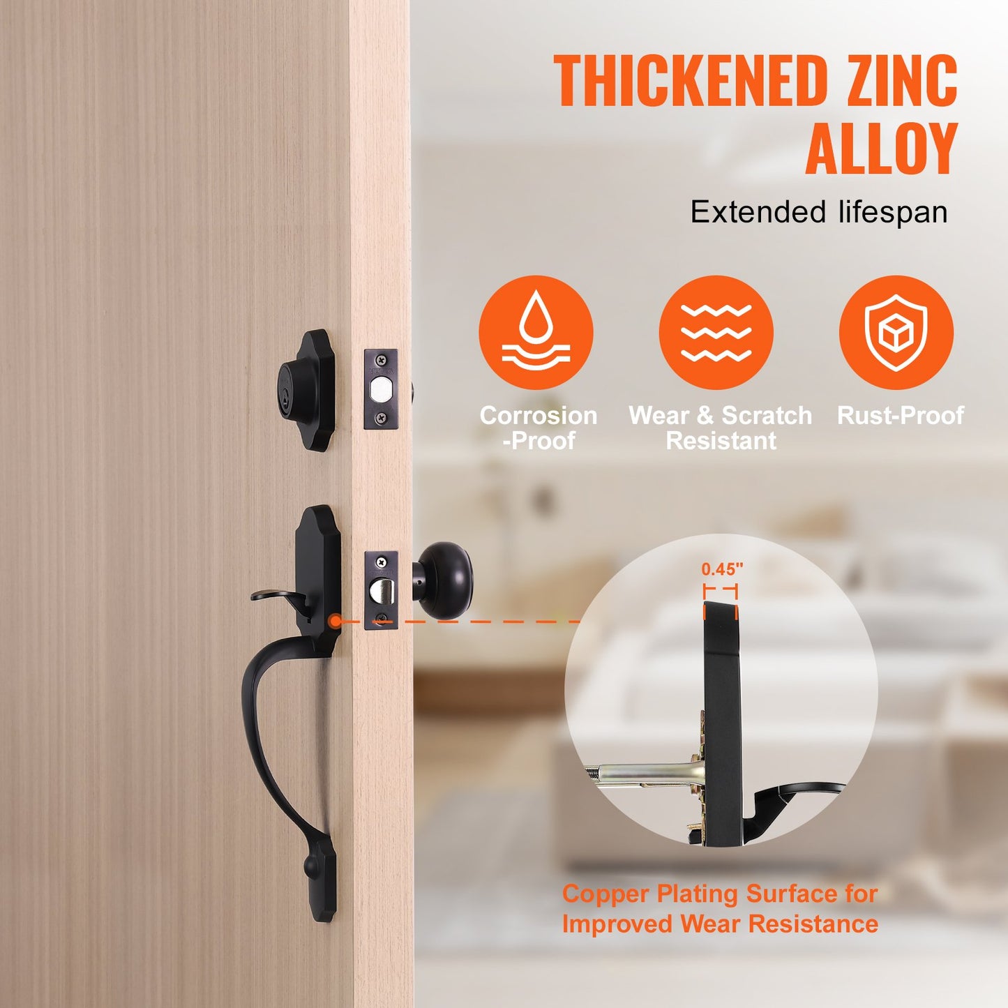 Front Door Handle and Deadbolt Set, Matte Black Front Door Lock Set with Interior Knob, Adjustable Hole Spacing Single Cylinder Handleset, for Right and Left Handed Entrance and Front Door