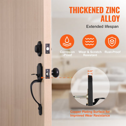 Front Door Handle and Deadbolt Set, Matte Black Front Door Lock Set with Interior Knob, Adjustable Hole Spacing Single Cylinder Handleset, for Right and Left Handed Entrance and Front Door