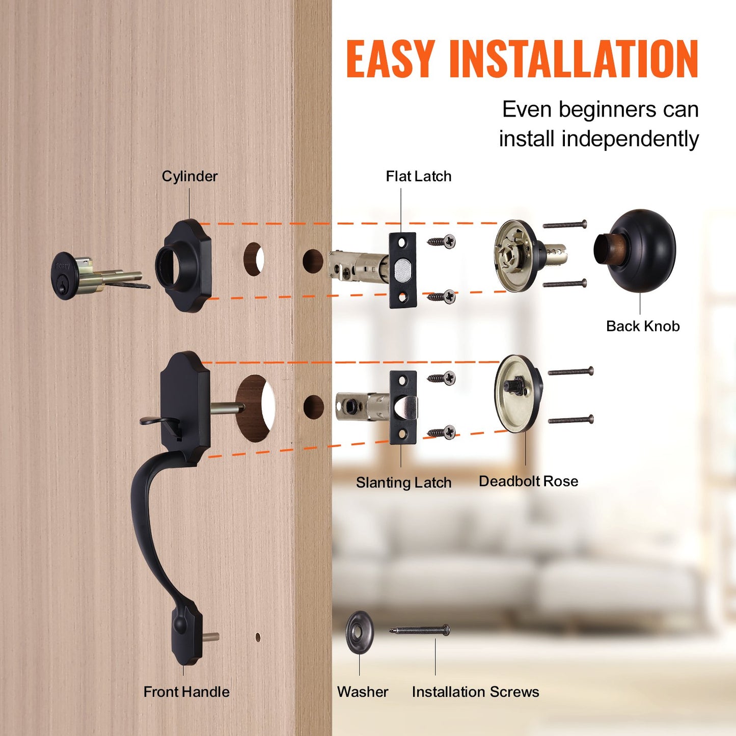 Front Door Handle and Deadbolt Set, Matte Black Front Door Lock Set with Interior Knob, Adjustable Hole Spacing Single Cylinder Handleset, for Right and Left Handed Entrance and Front Door