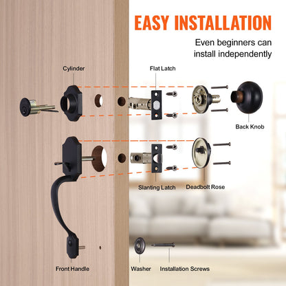Front Door Handle and Deadbolt Set, Matte Black Front Door Lock Set with Interior Knob, Adjustable Hole Spacing Single Cylinder Handleset, for Right and Left Handed Entrance and Front Door