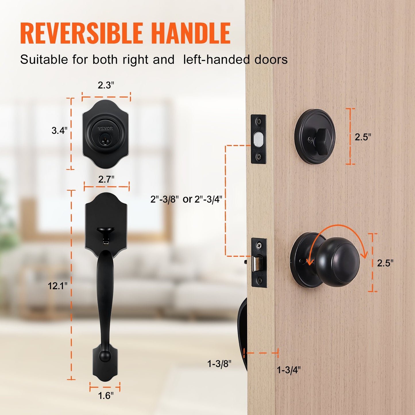 Front Door Handle and Deadbolt Set, Matte Black Front Door Lock Set with Interior Knob, Adjustable Hole Spacing Single Cylinder Handleset, for Right and Left Handed Entrance and Front Door