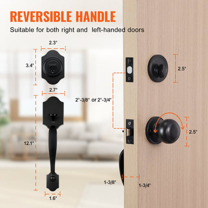 Front Door Handle and Deadbolt Set, Matte Black Front Door Lock Set with Interior Knob, Adjustable Hole Spacing Single Cylinder Handleset, for Right and Left Handed Entrance and Front Door