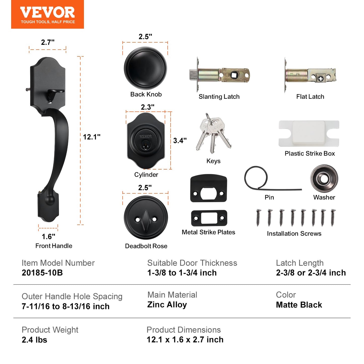Front Door Handle and Deadbolt Set, Matte Black Front Door Lock Set with Interior Knob, Adjustable Hole Spacing Single Cylinder Handleset, for Right and Left Handed Entrance and Front Door