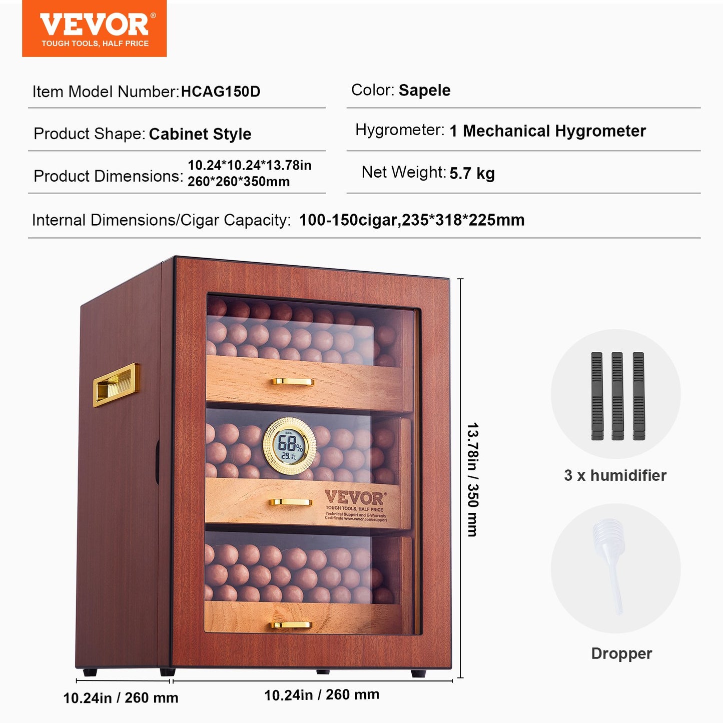Cigar Humidor Cabinet, Handmade Spanish Cedar Wood Cigar Humidor for 100-150 Cigars, Glass Cigar Desktop Storage Case with Digital Humidifier, Hygrometer, Shelves, and Handle, Great Gift for Men