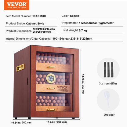 Cigar Humidor Cabinet, Handmade Spanish Cedar Wood Cigar Humidor for 100-150 Cigars, Glass Cigar Desktop Storage Case with Digital Humidifier, Hygrometer, Shelves, and Handle, Great Gift for Men