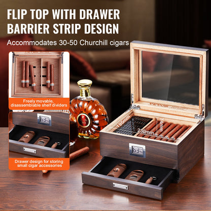 Cigar Humidor, Glass Top Cigar Humidor Box, Handmade Spanish Cedar Wood Cigar Desktop Box, Cigar Storage Case with Humidifier, Hygrometer, Divider and Accessory Drawer, 30-50 Cigars