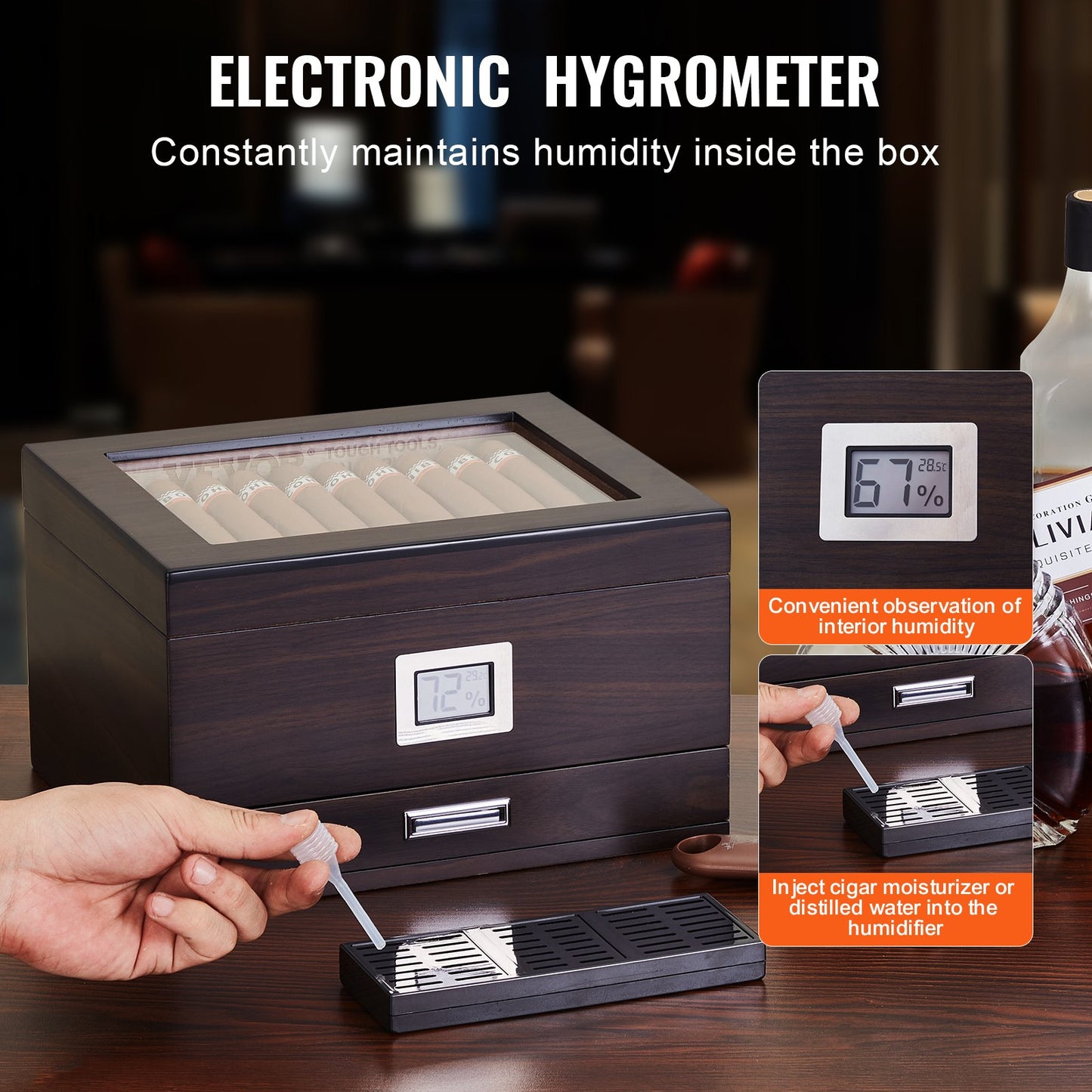 Cigar Humidor, Glass Top Cigar Humidor Box, Handmade Spanish Cedar Wood Cigar Desktop Box, Cigar Storage Case with Humidifier, Hygrometer, Divider and Accessory Drawer, 30-50 Cigars