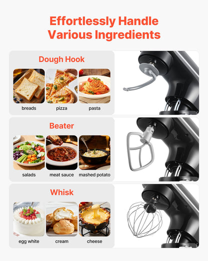 Stand Mixer, 6 QT Dough Mixer, 1400W 6 + P Speeds Tilt-head Food Mixer with Stainless Steel Bowl, Dough Hook, Wire Whip, Flat Beater, Scraper,Household Stand Mixer for Baking, Mixing, Black